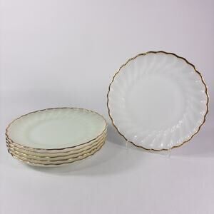 6 Anchor Hocking Fire King White Milk Glass Swirl 7" Plates Gold Trim Scallop